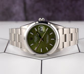 Rolex Date 34mm Ladies Green Motif Dial Oyster Steel Watch 15000